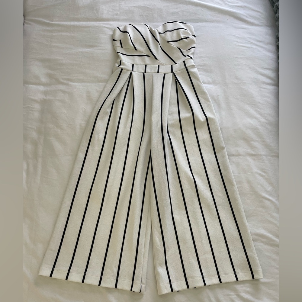 Strapless white with black stripes 3/4 length jumpsuit